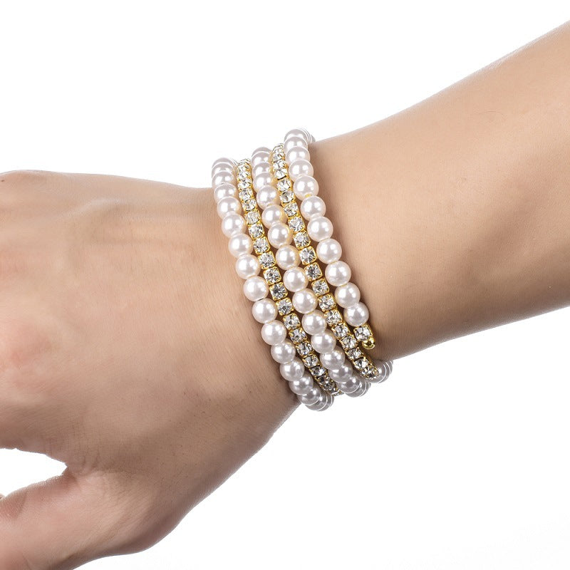 Wholesale Steel Wire Elastic Thread Multilayer Pearl Rhinestone Bracelet